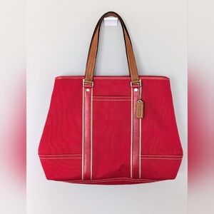 COACH Signature City Zip Large Red Canvas Tote 70157 Carryall Shoulder Leather